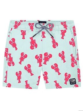 NWT! Tom & Teddy Light Blue & Berry Lobster Bathing Suit Swim Trunks Sz 7-8 $60